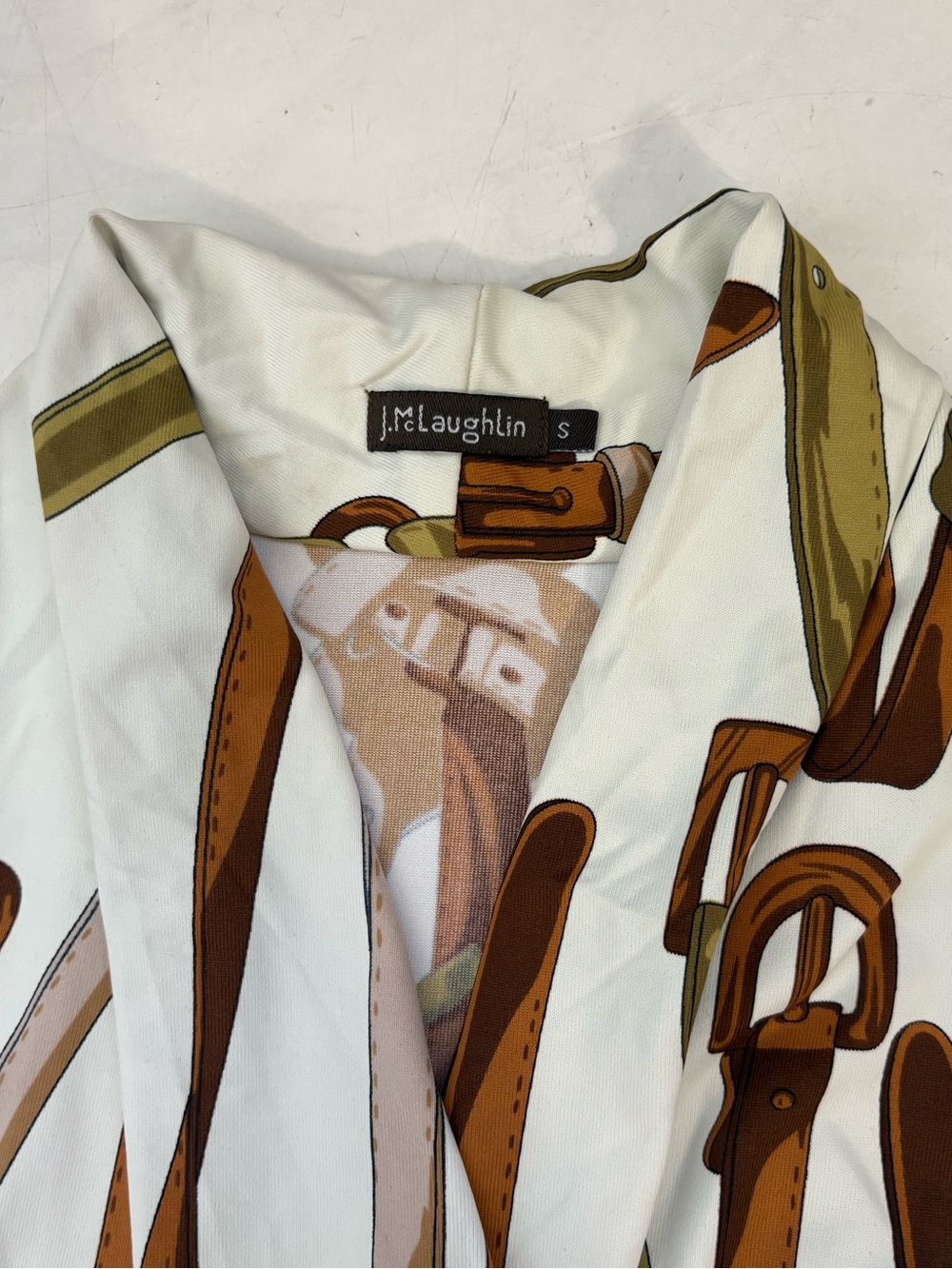 J. McLaughlin Size Small White Tan Equestrian Print Faux Wrap Top Preppy Classic - Picture 4 of 6